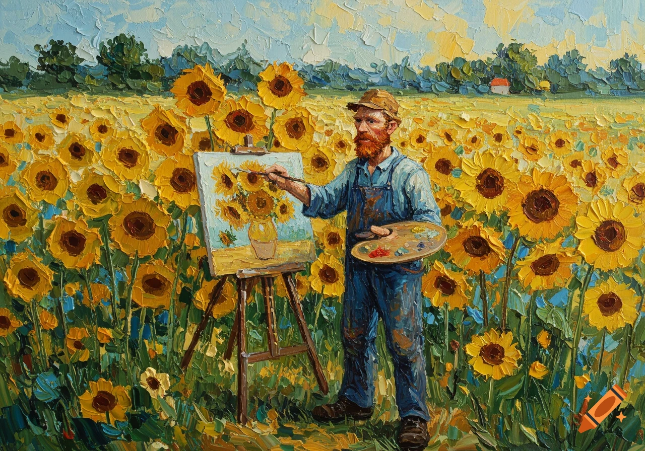 A man painting sunflowers in a field in a Van Gogh style painting.