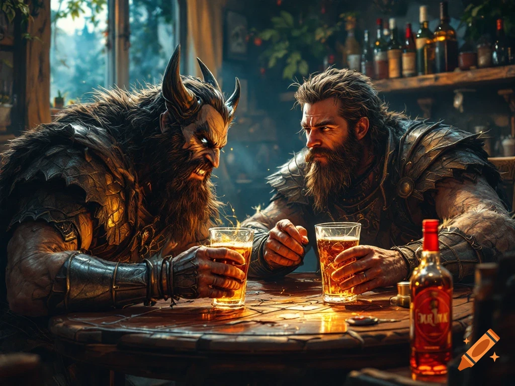 Two heavily armored, bearded men drink beer at a wooden table in a dimly lit fantasy tavern.