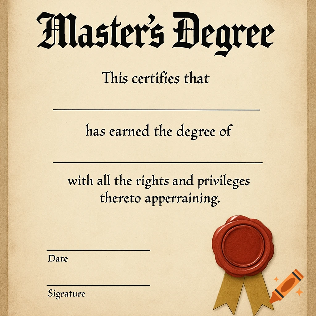A formal document template for a Master's Degree, featuring placeholder text and a wax seal.