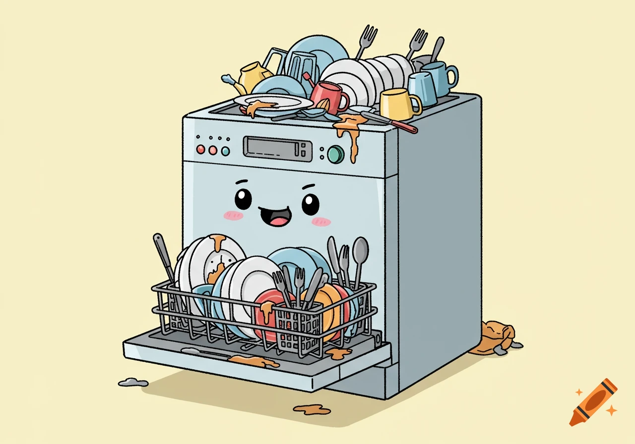 A cute cartoon dishwasher overloaded with dirty dishes inside and piled on top.