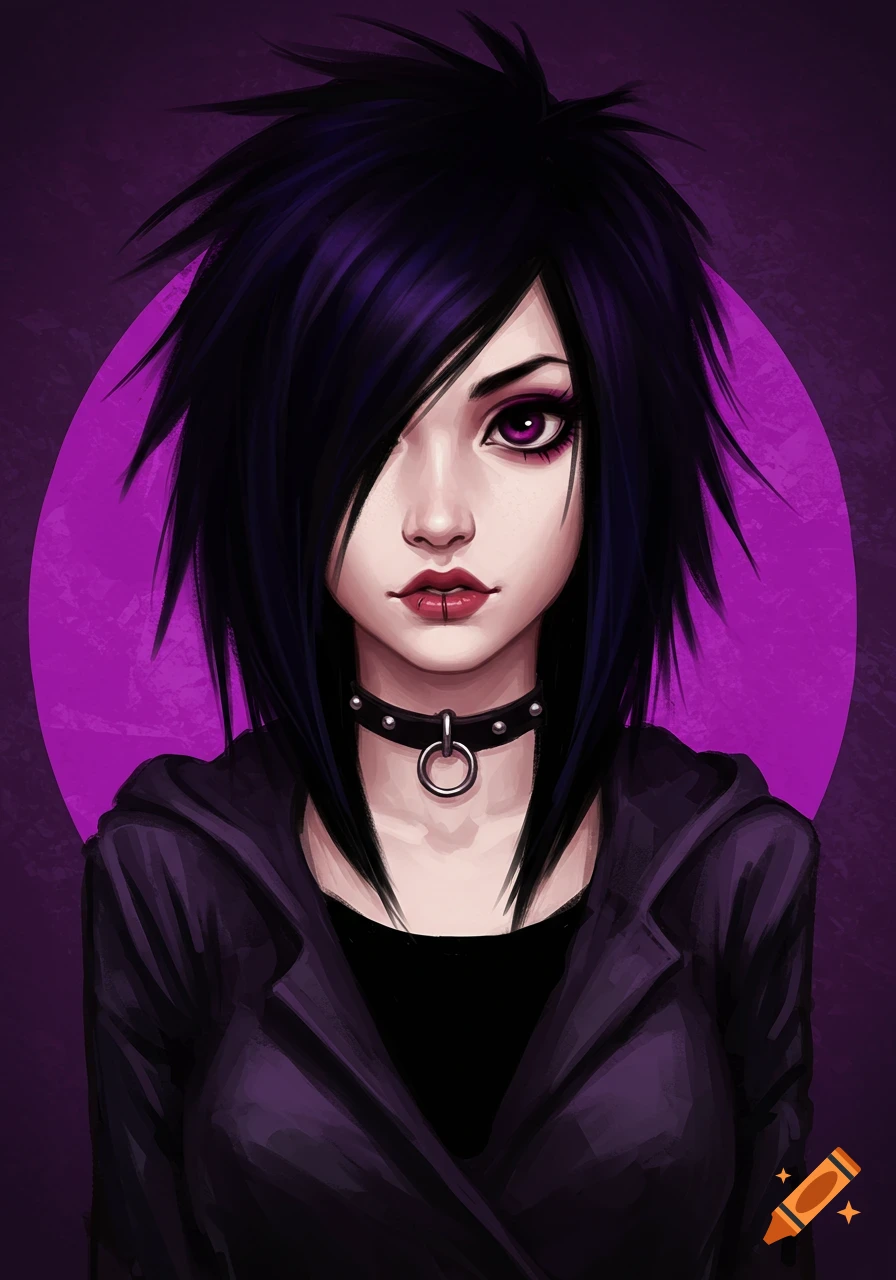 Portrait of a young woman with choppy black hair and dark purple eyes wearing a choker and dark hooded jacket, against a purple background.