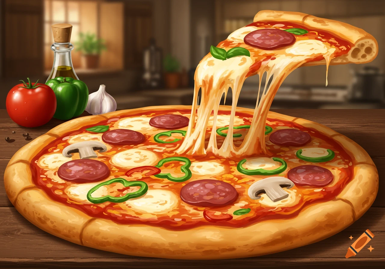 Illustrative close-up of a pizza slice being lifted, showing melted cheese pull, pepperoni, mushrooms, and peppers.