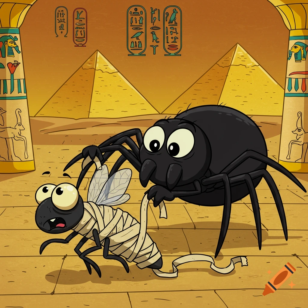 Cartoon black spider wraps a fly in bandages in Egyptian scene with pyramids.