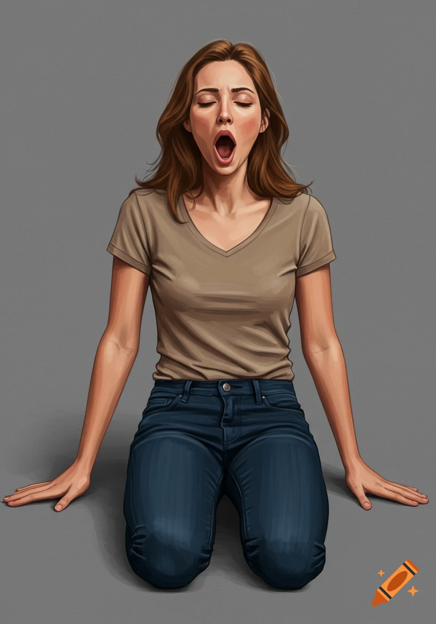 Illustrative portrait of a woman kneeling and yawning.