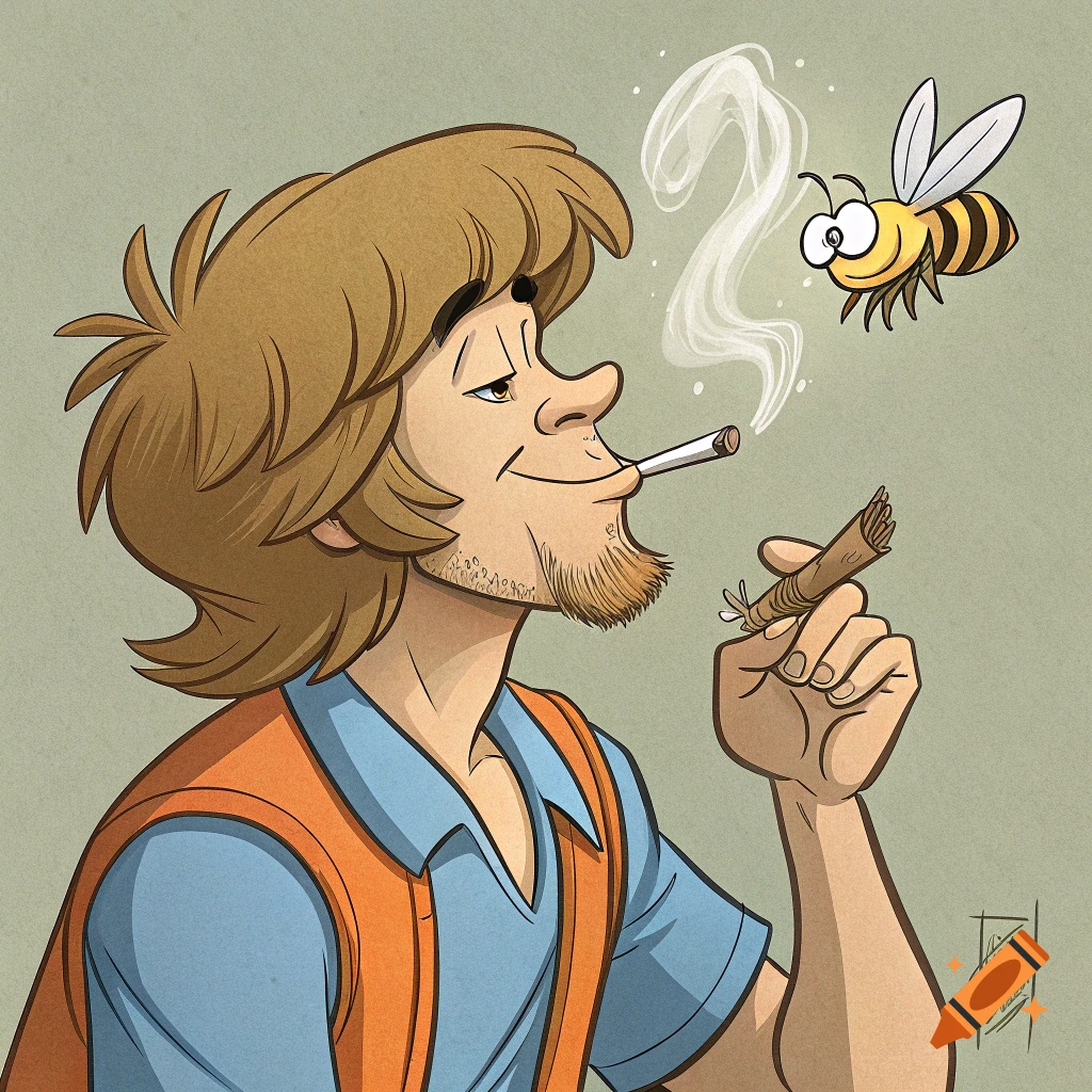 Cartoon of Shaggy from Scooby-Doo smoking with a bee.
