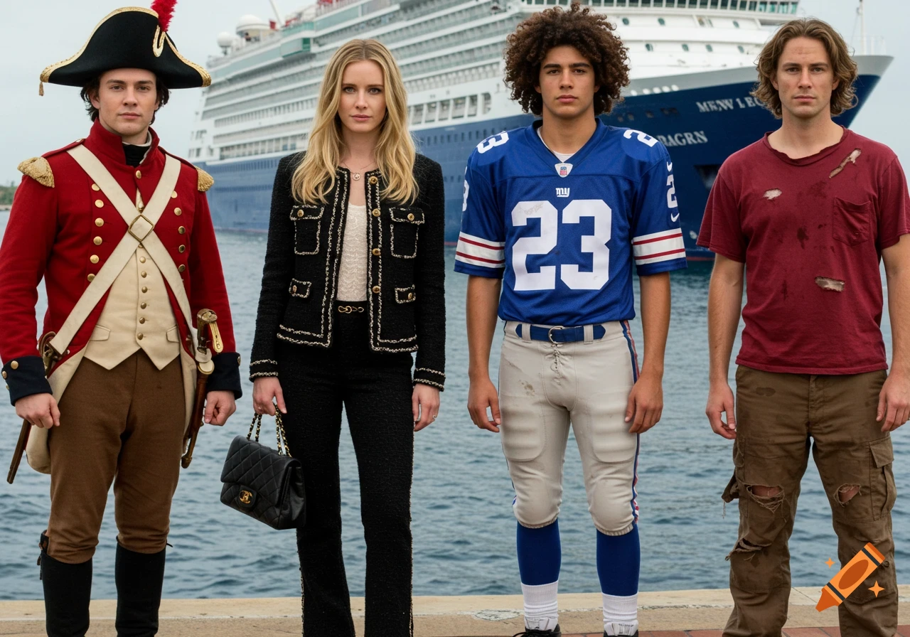 Four people in different costumes standing in front of a cruise ship.