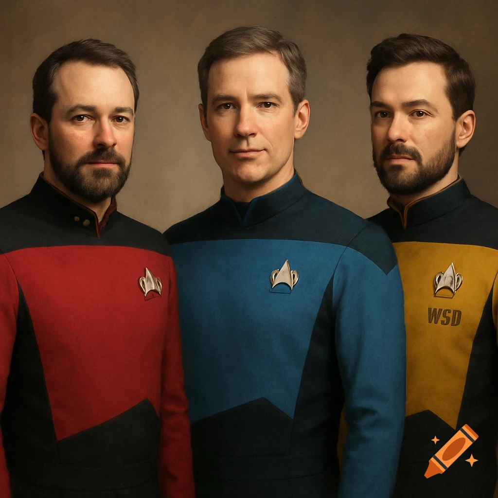 Three men in red, blue, and gold Star Trek: The Next Generation uniforms stand side-by-side.