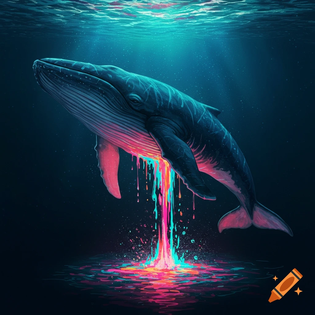 A whale swims underwater, glowing colorful liquid dripping from its body into the dark depths.