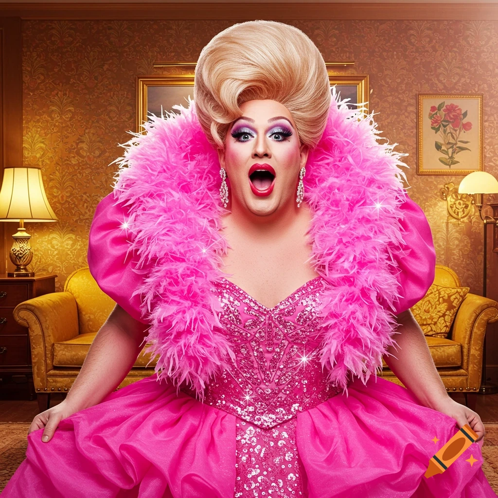 Drag queen with blonde wig, pink sparkly dress, and boa looking surprised in a room.