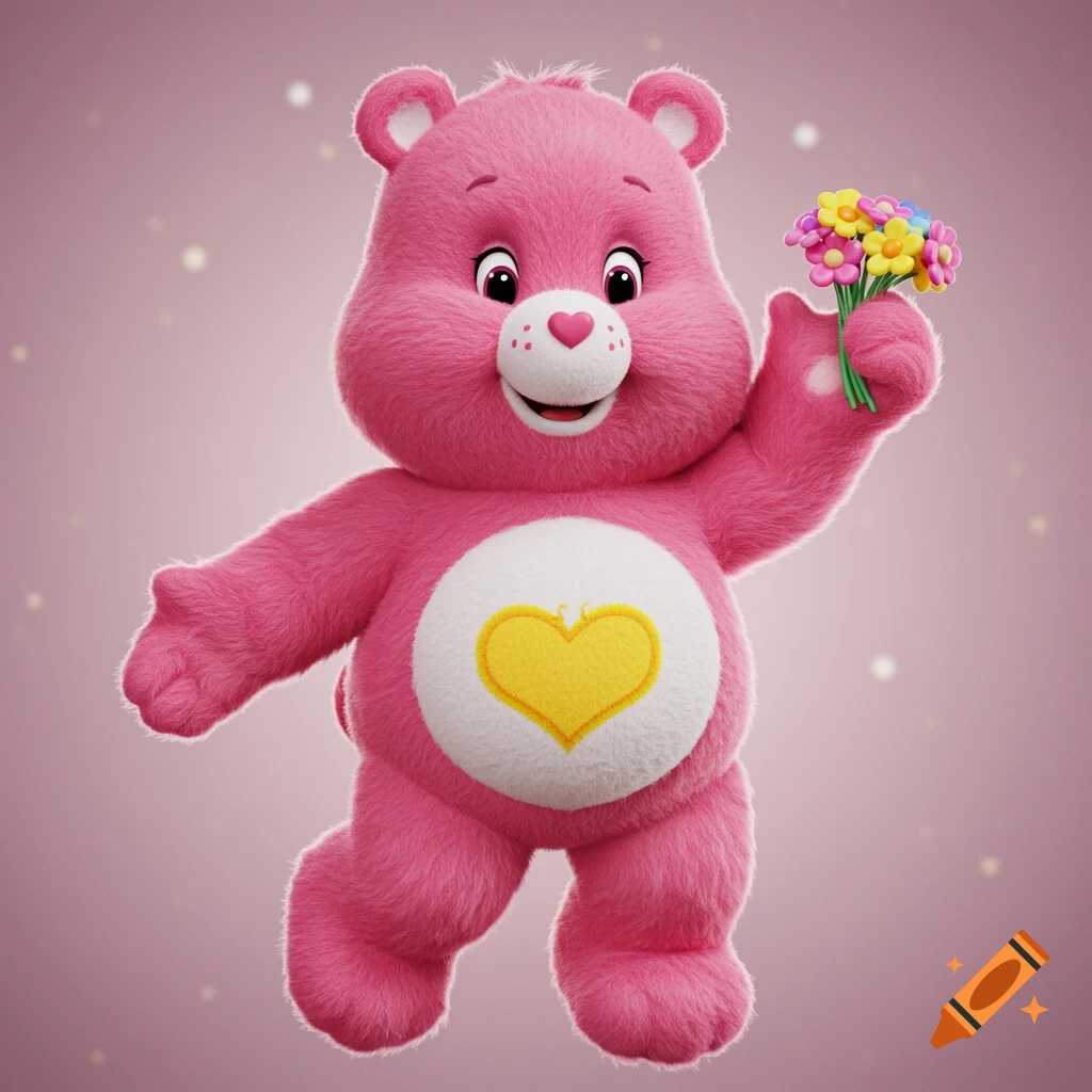 A pink Care Bear plush toy holding a bouquet of colorful flowers.