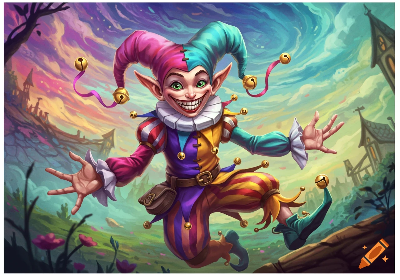 A grinning jester in a colorful hat and clothes jumps in a vibrant, swirling fantasy landscape.