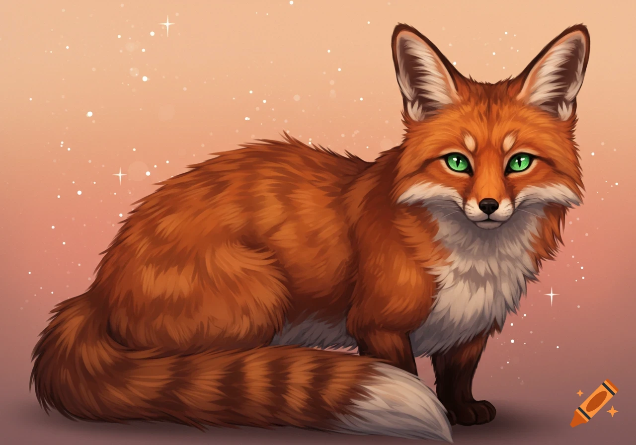 A stylized illustration of an orange fox with bright green eyes sits against a sparkly background.
