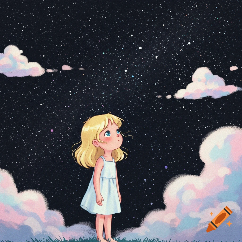 Illustration of a blonde girl looking up at a starry night sky with clouds.