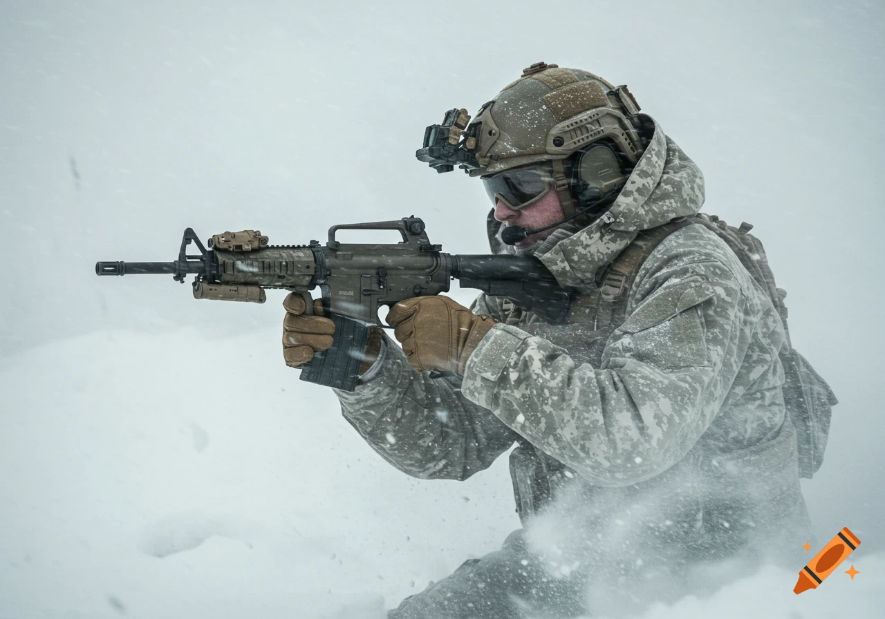 Photorealistic image of a special forces soldier in winter gear firing a rifle during a blizzard.