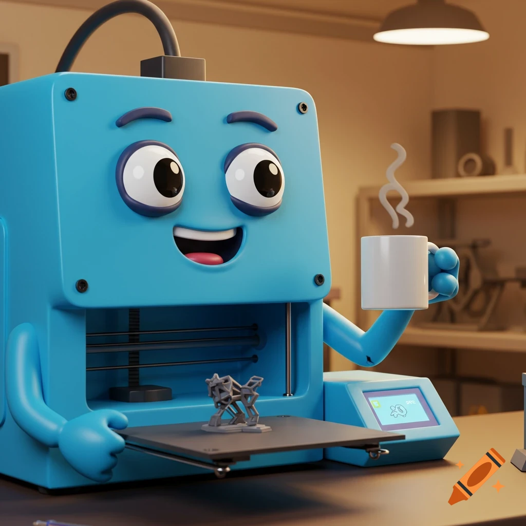 Cartoon blue 3D printer with a smiling face holds a coffee mug while an object prints.