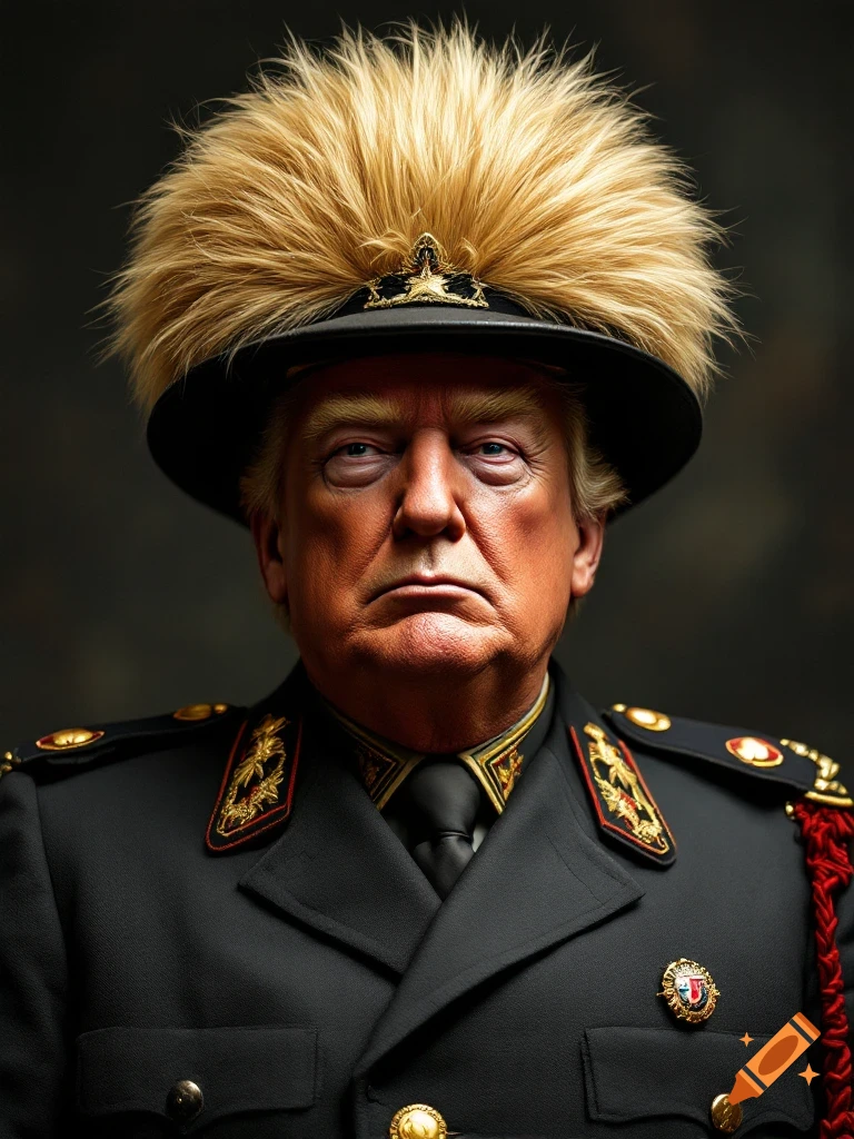 A stern-looking man resembling Donald Trump in a military uniform and a large, fluffy hat.
