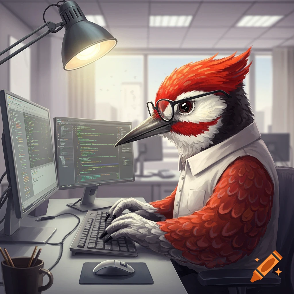 A woodpecker wearing glasses and a shirt types on a keyboard, looking at code on two computer monitors in an office.