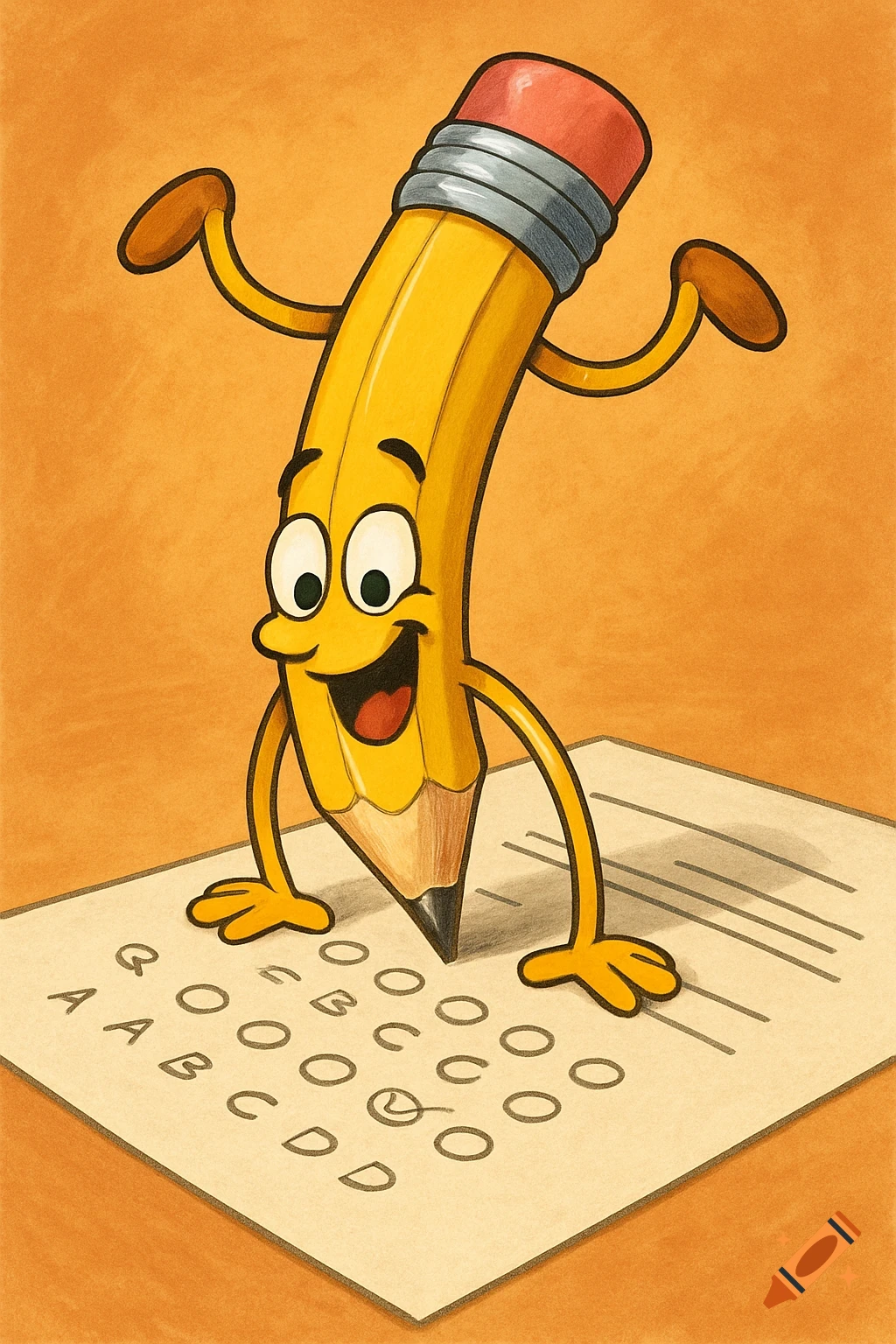 Funny cartoon pencil does a handstand on a test paper, filling in bubbles.