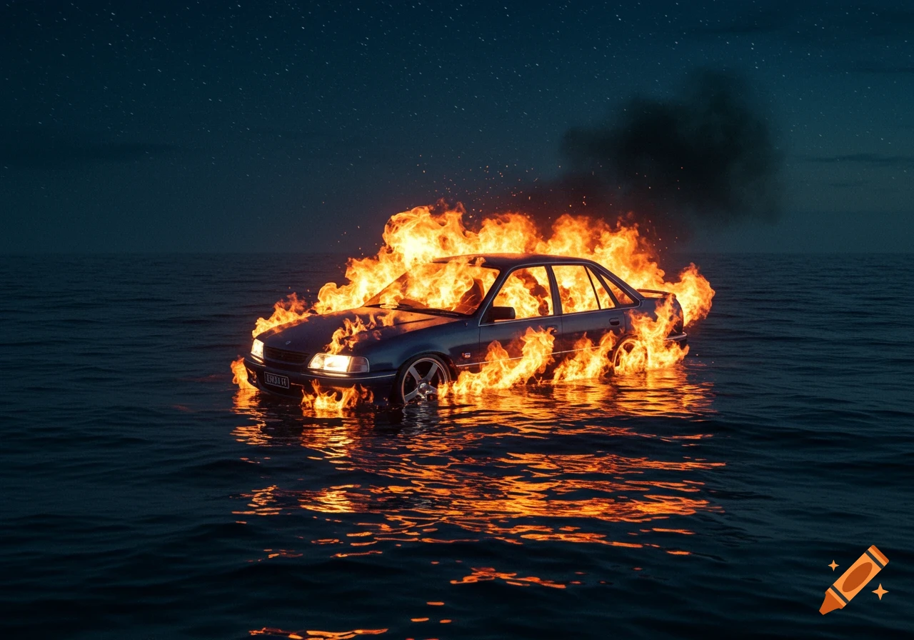 A burning car floats on the dark ocean water at night under a starry sky.