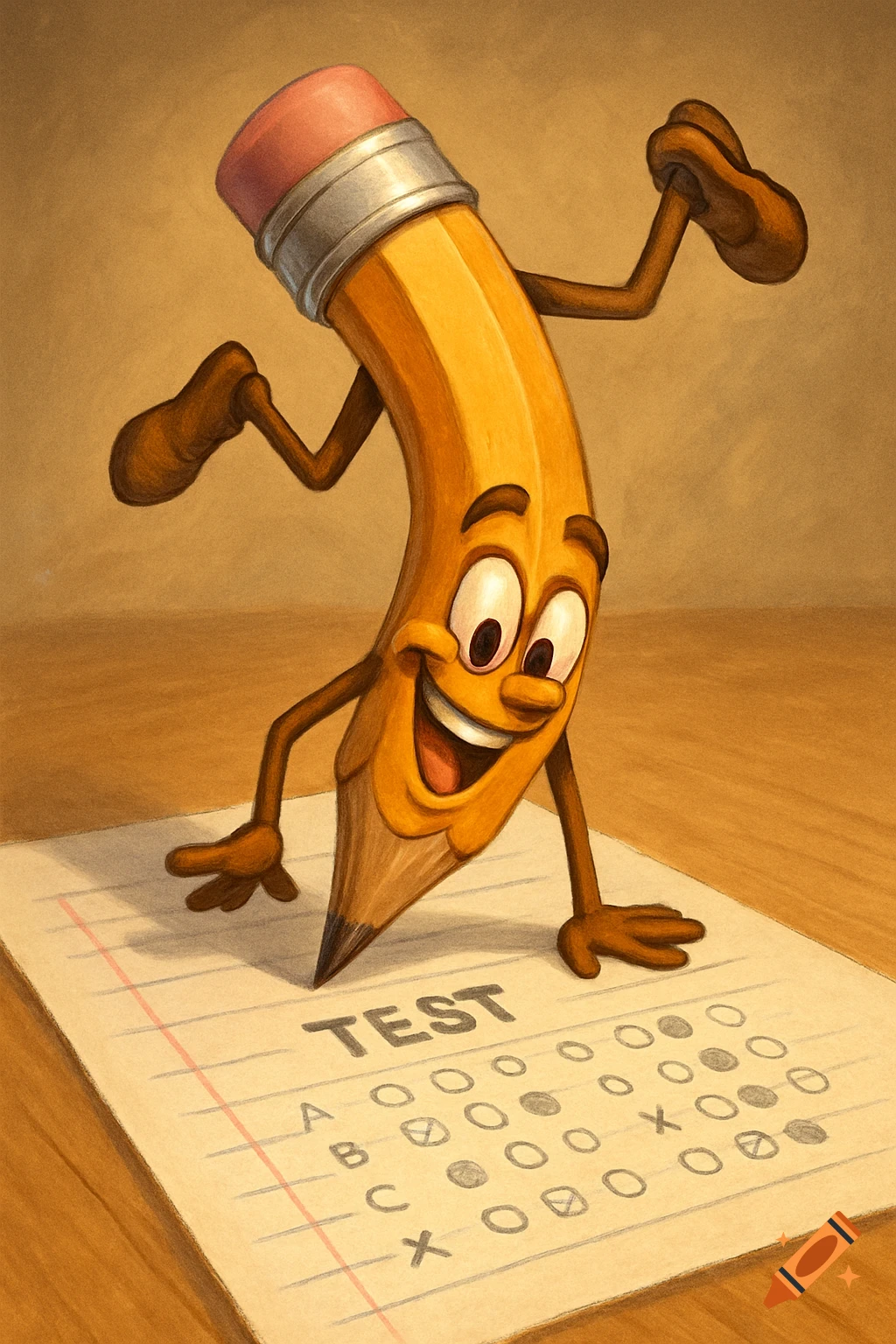 Funny cartoon pencil doing a handstand on a test paper.