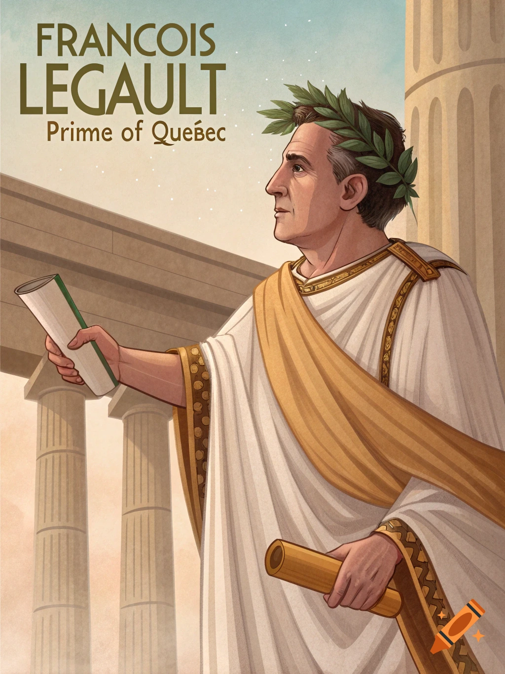 Illustration of a man resembling François Legault dressed in a toga and laurel wreath, standing among classical columns holding scrolls.