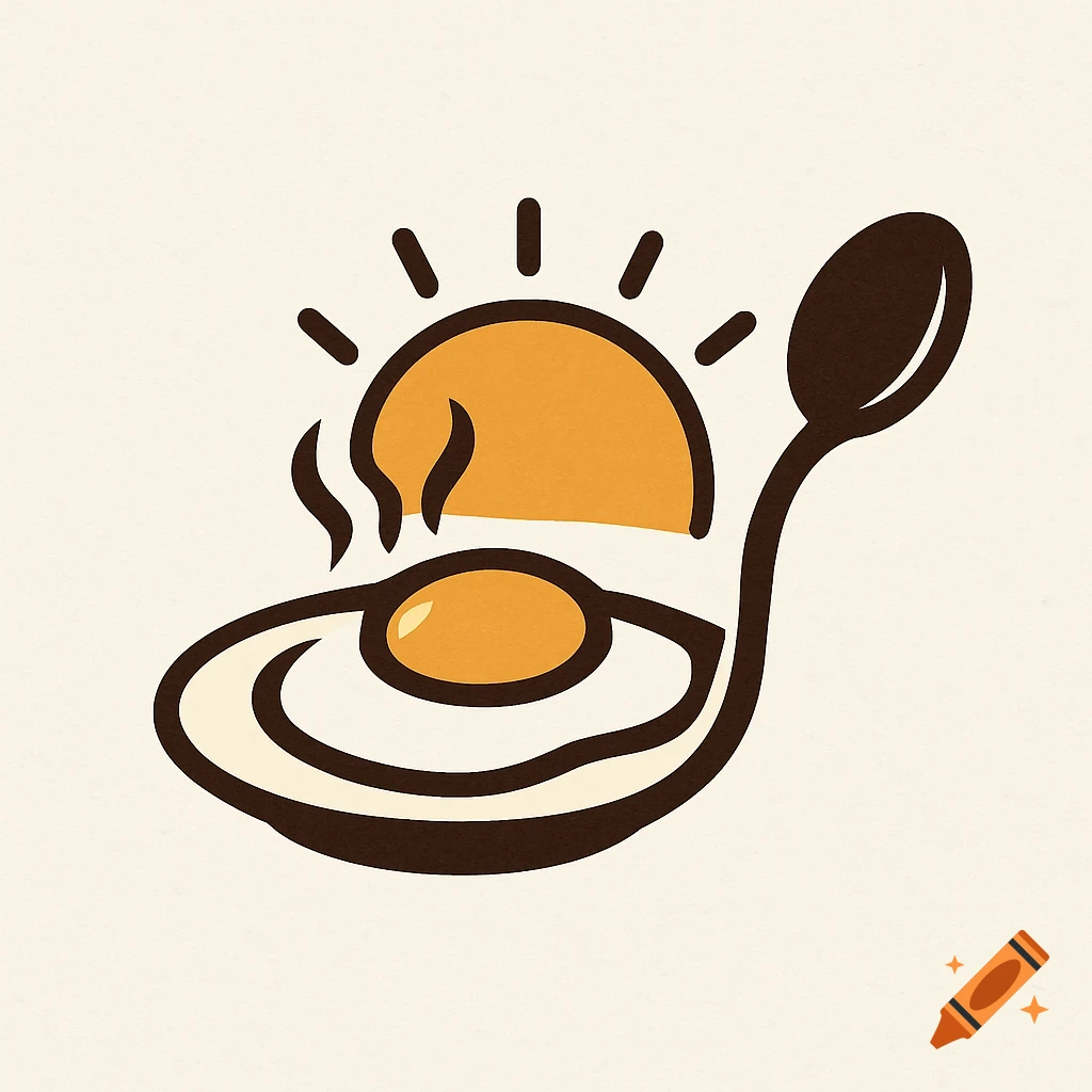 Minimalist breakfast logo with a fried egg, sun, and a curved spoon.