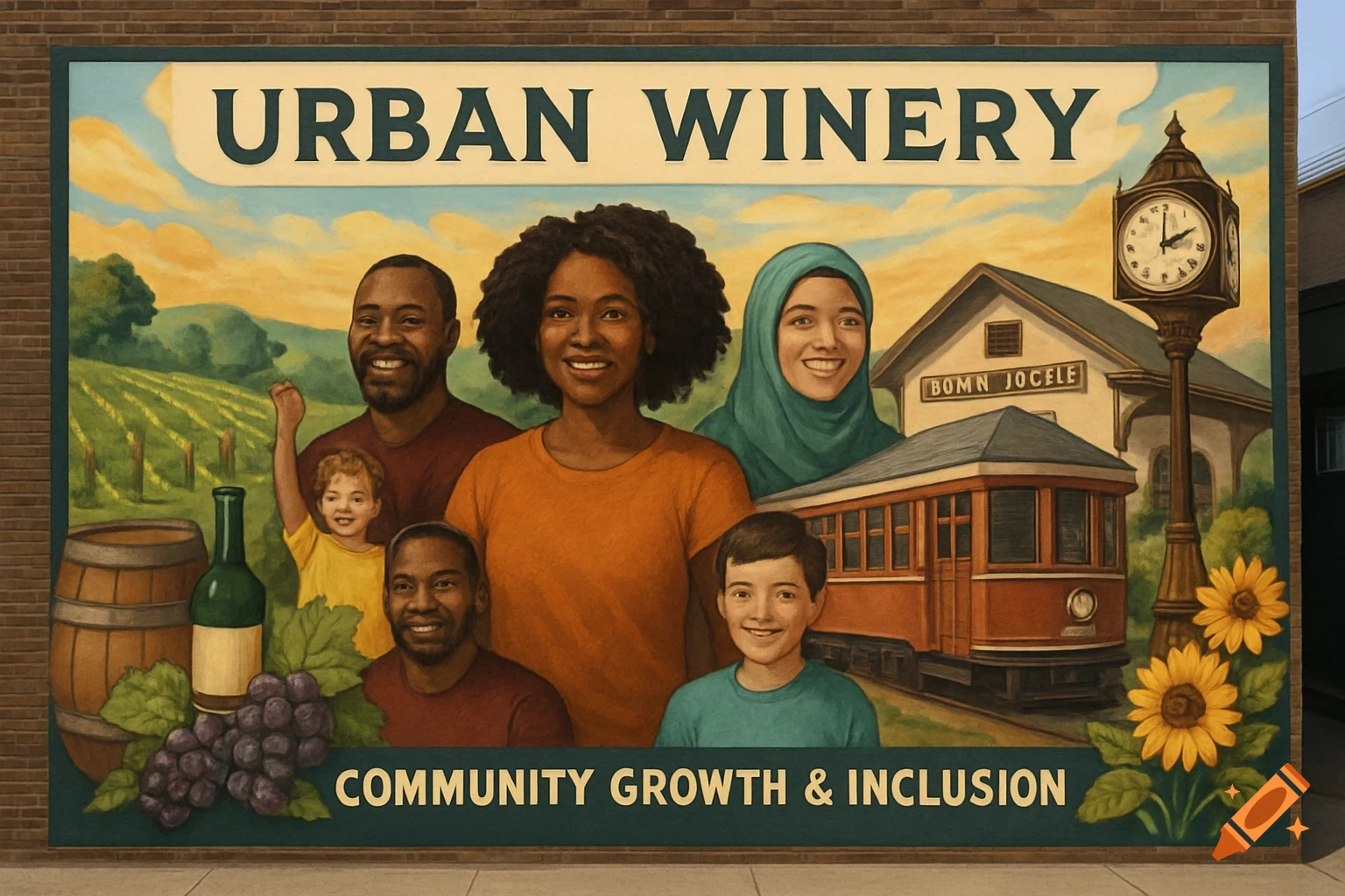 Mural of diverse people, a vineyard, streetcar, and buildings, with text 'Urban Winery' and 'Community Growth & Inclusion'.