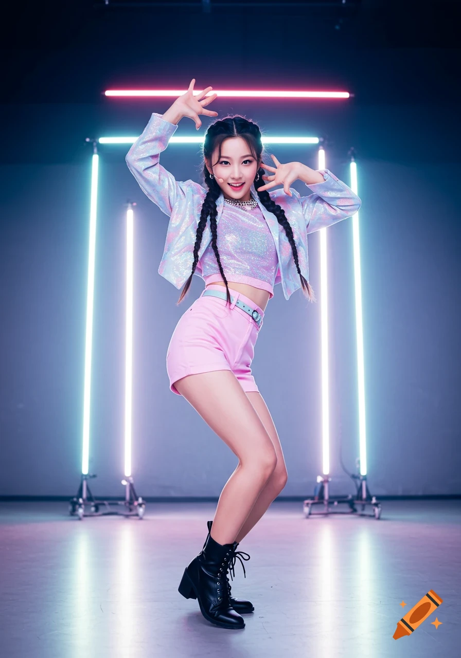 Young woman in sparkly top and pink shorts posing in a studio with neon lights.