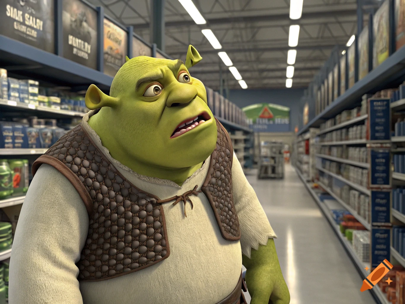 Shrek looks surprised standing in a supermarket aisle