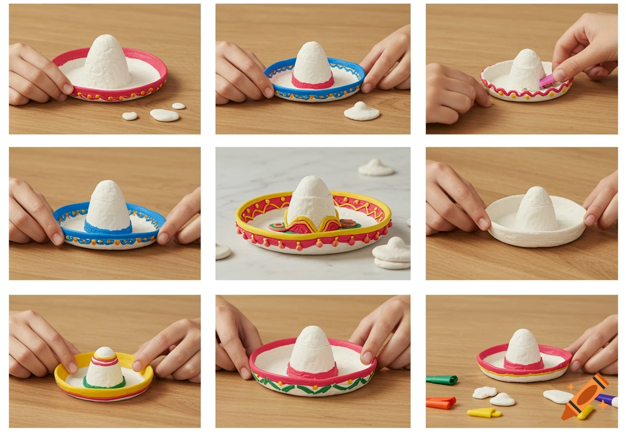 Grid of images showing hands making and decorating a miniature sombrero from white clay.