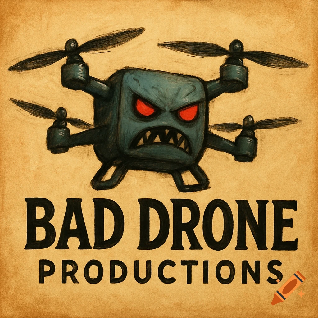 Logo of an angry cartoon drone with the text 'BAD DRONE PRODUCTIONS' below.