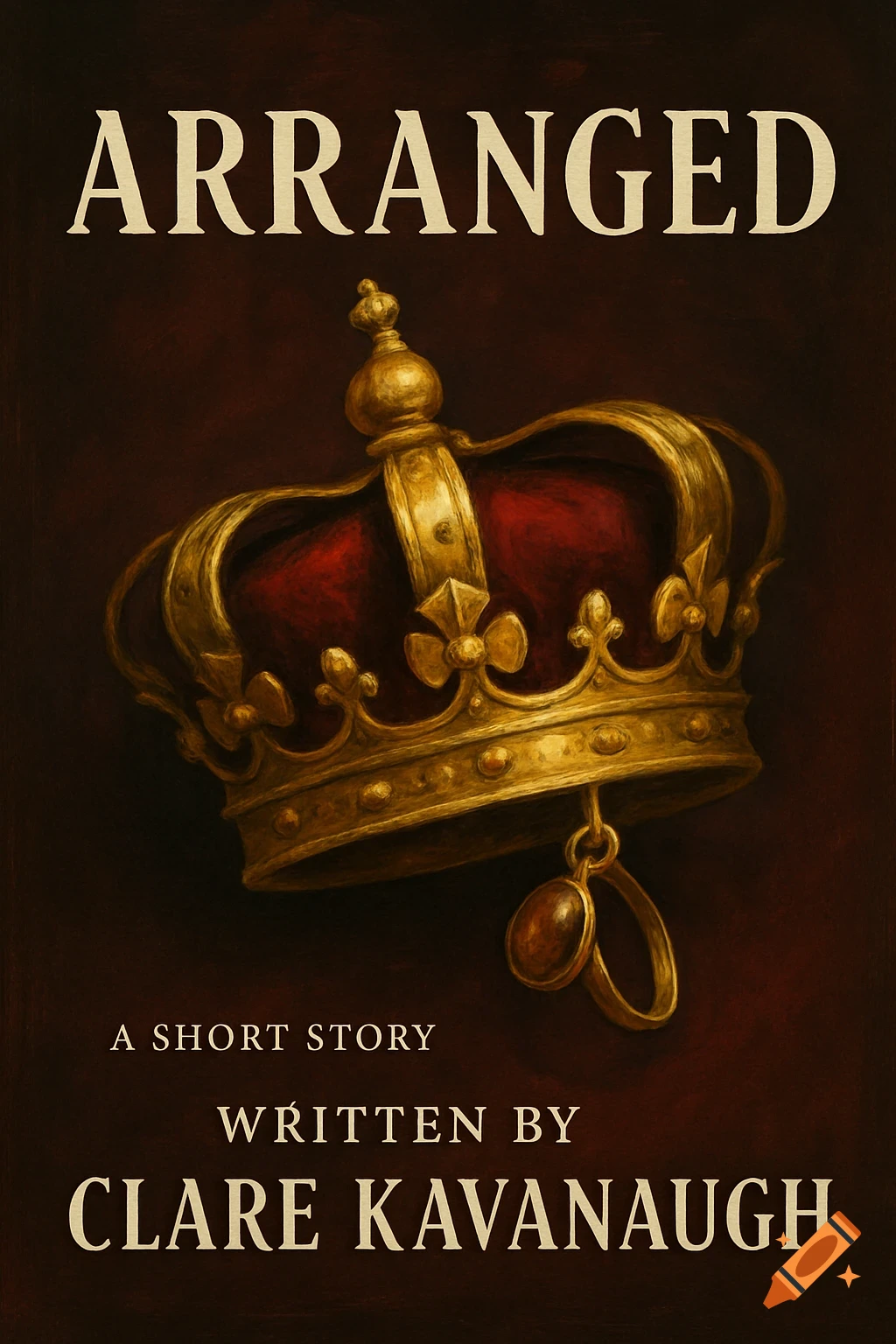 Book cover with golden crown, red cushion, and hanging rings. Title 'ARRANGED', 'A short story Written by Clare Kavanaugh'.