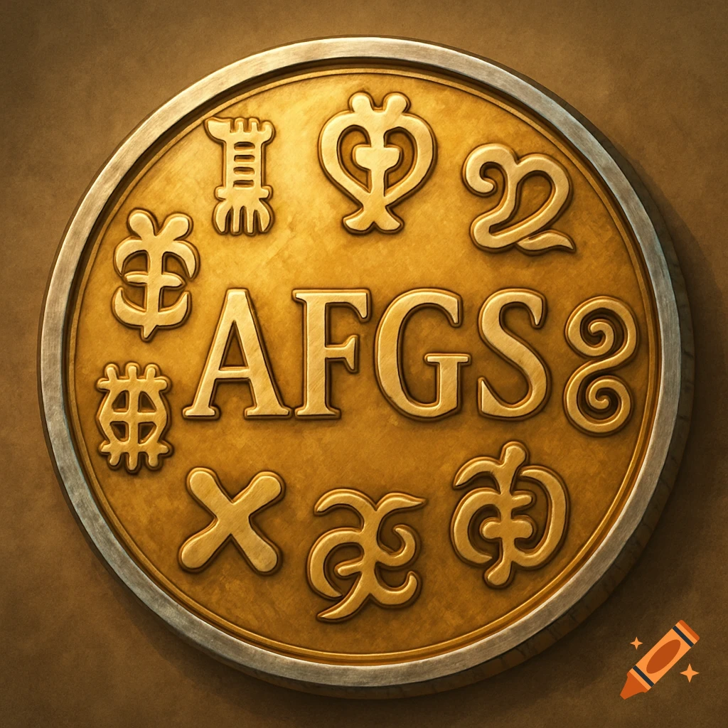 A shiny gold coin with a silver border, featuring the letters AFGS and surrounding symbols.