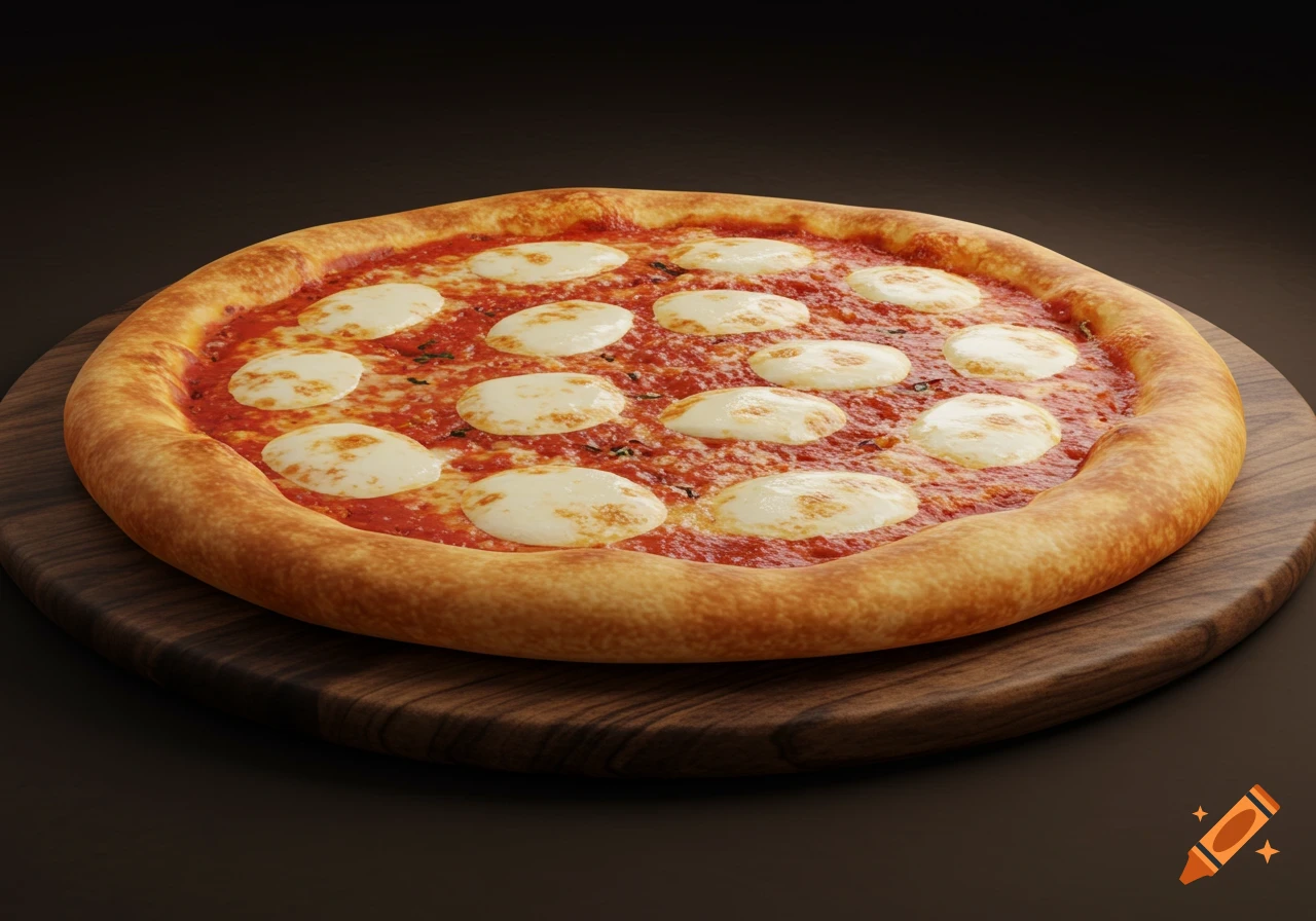Realistic close-up of a cheese pizza on a wooden cutting board.