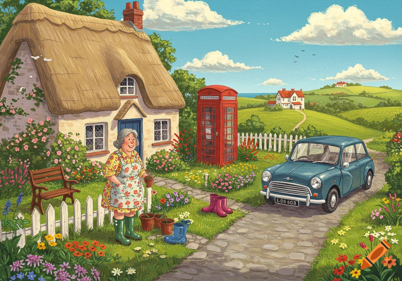 Illustration of an elderly woman gardening outside a thatched cottage with a red phone box and blue car.