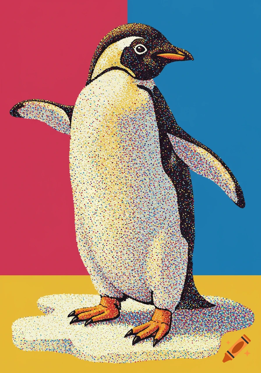 A penguin illustrated in a colorful polka dot style against a red and blue background.