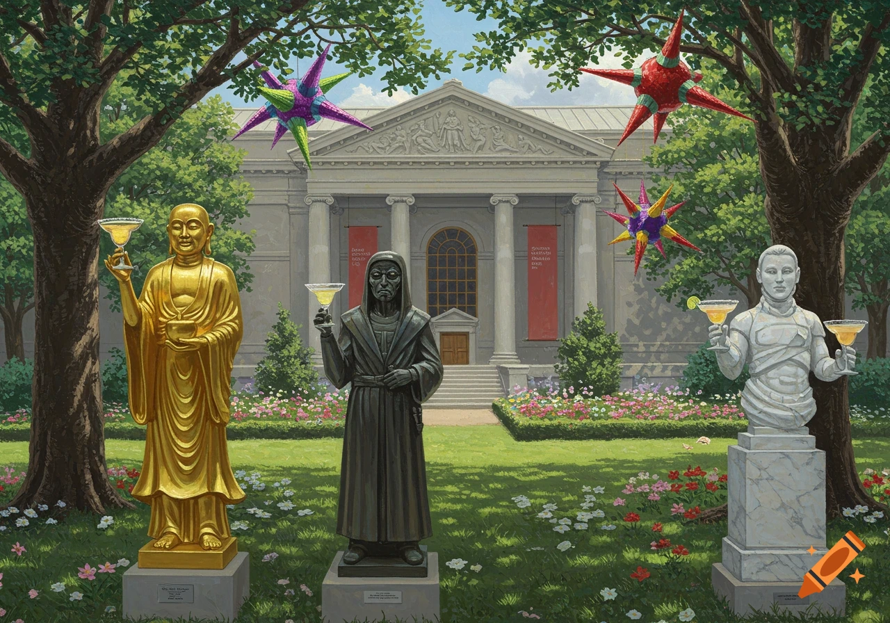 Painterly scene of statues holding margaritas in a garden with pinatas in front of a museum.