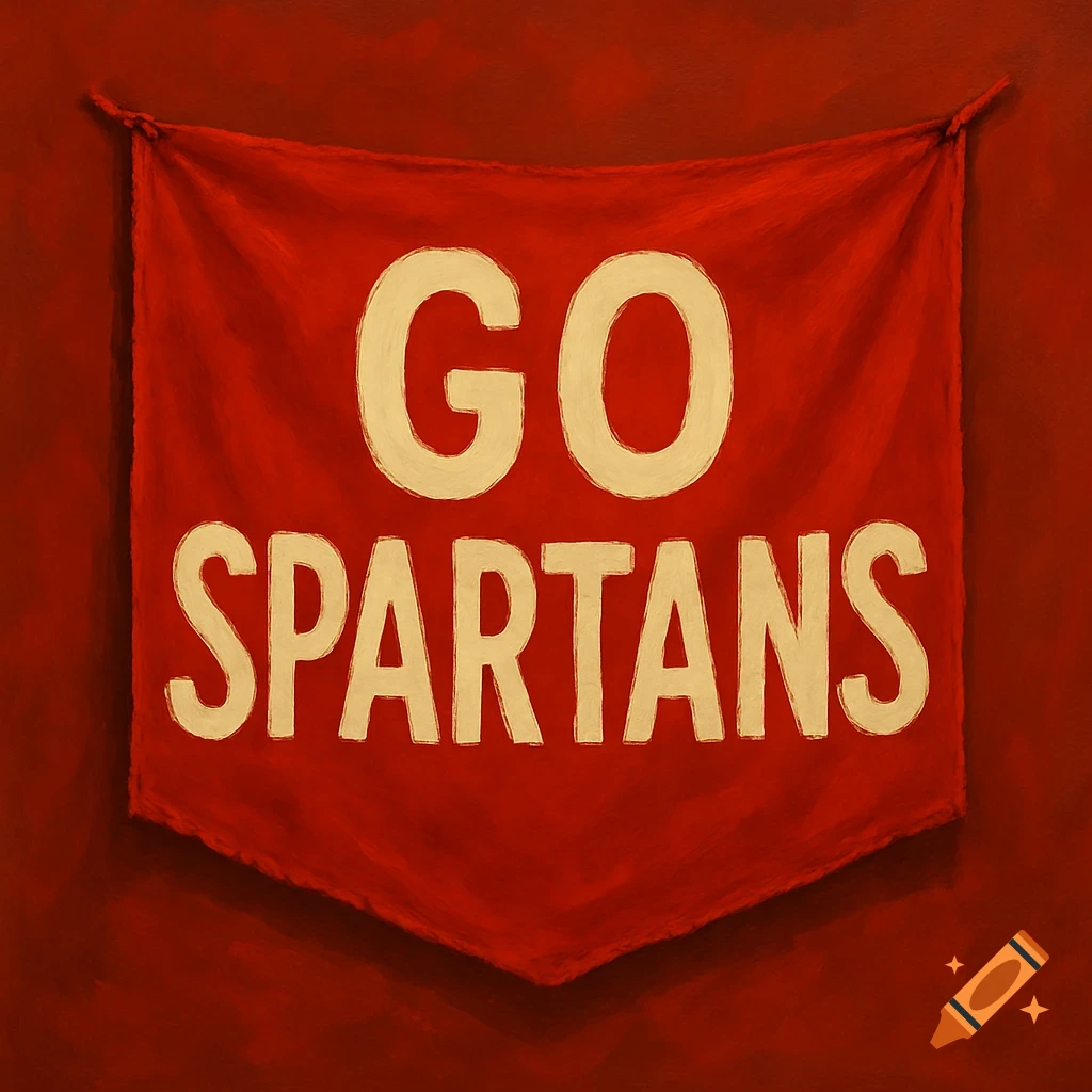 A painted red banner with white text that says "GO SPARTANS".