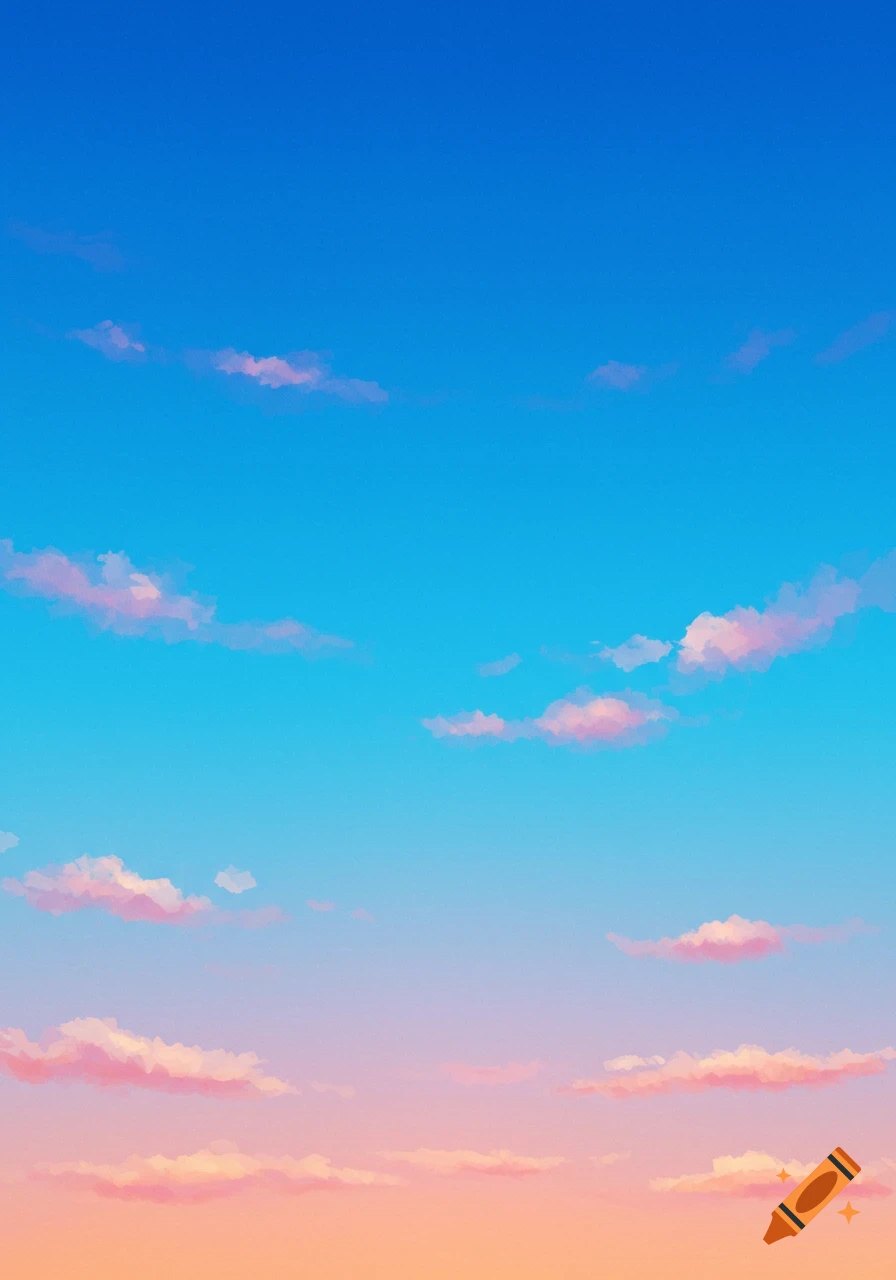 A vibrant sky with scattered pink clouds, fading from blue to orange at sunset.