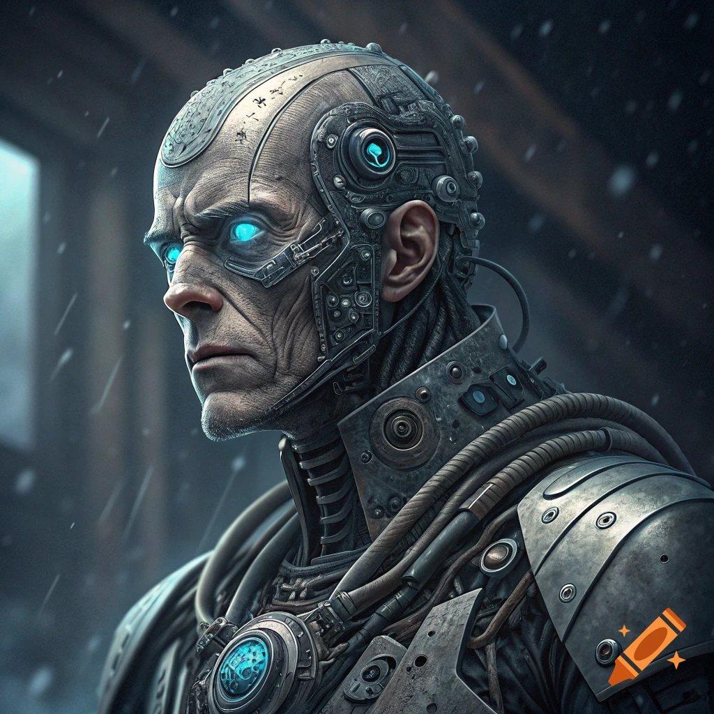 Close-up portrait of a stern man with glowing blue eyes and elaborate cybernetic implants covering his head and shoulders.