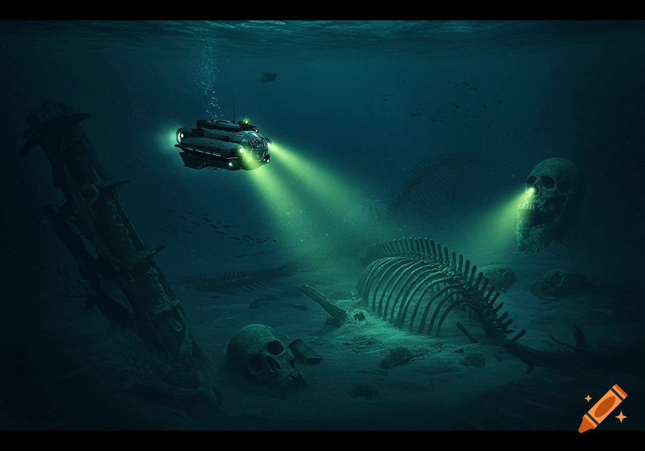 A submarine explores a deep-sea floor littered with giant skeletons and skulls, illuminated by its lights.