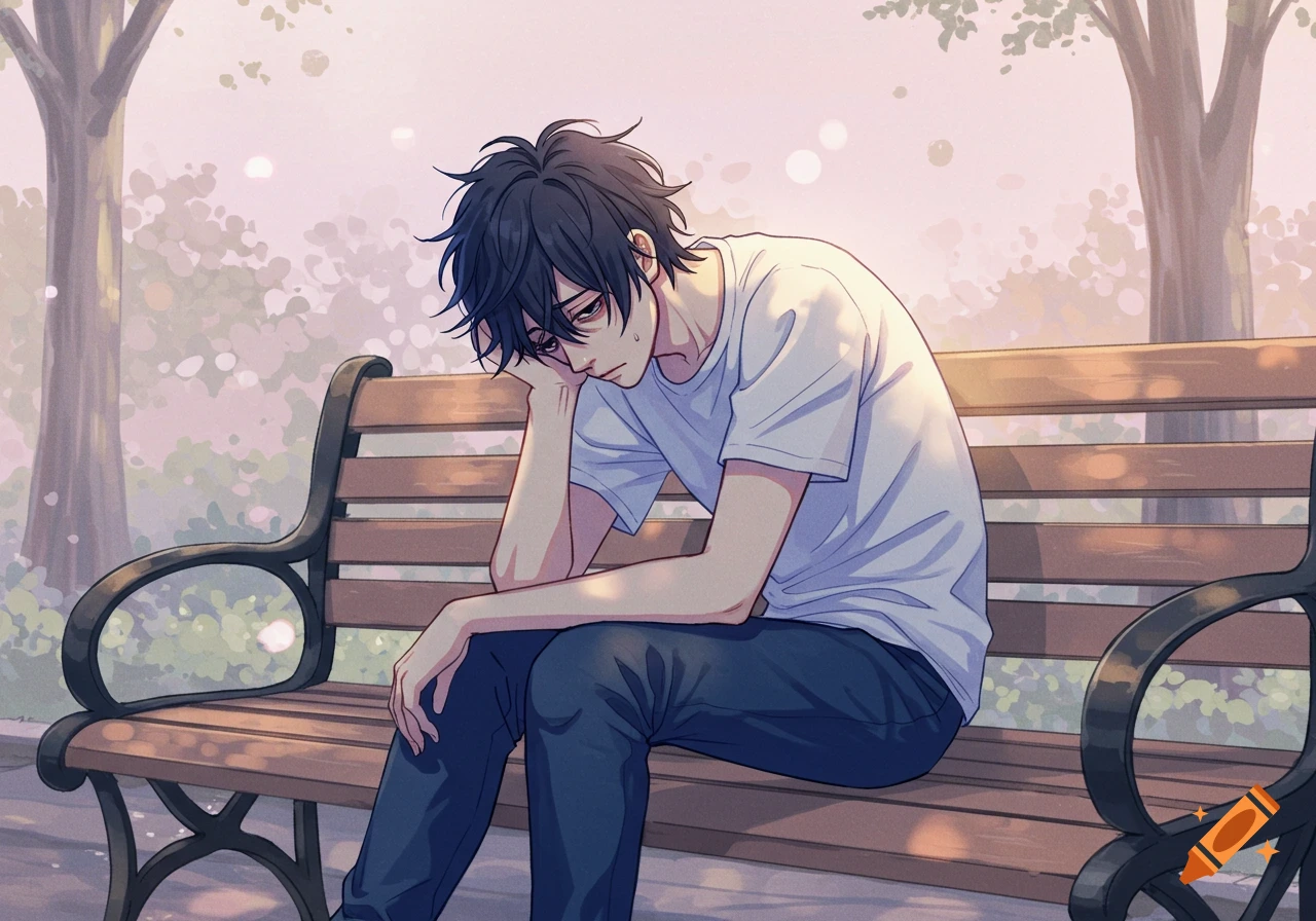 Anime illustration of an exhausted man sitting on a park bench, resting his head on his hand.