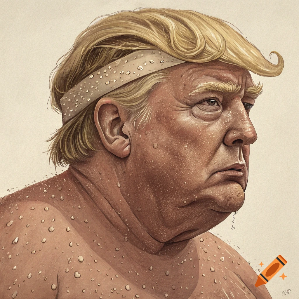 Profile illustration of a man resembling Donald Trump sweating and wearing a headband.