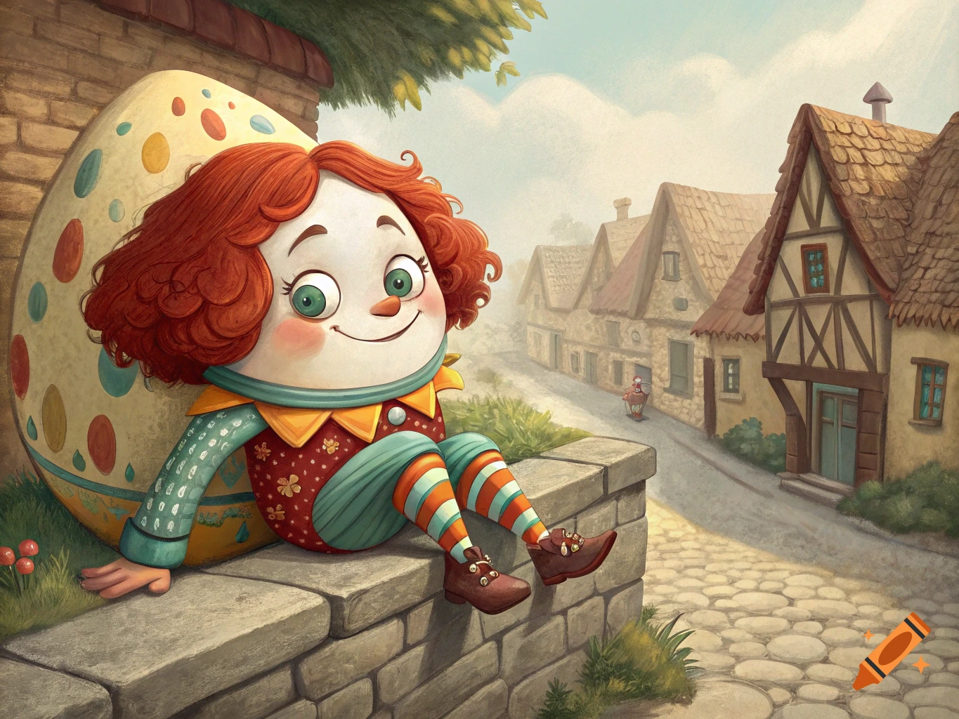 Illustration of a cartoony figure sitting on a wall next to an Easter egg in a fantasy village.