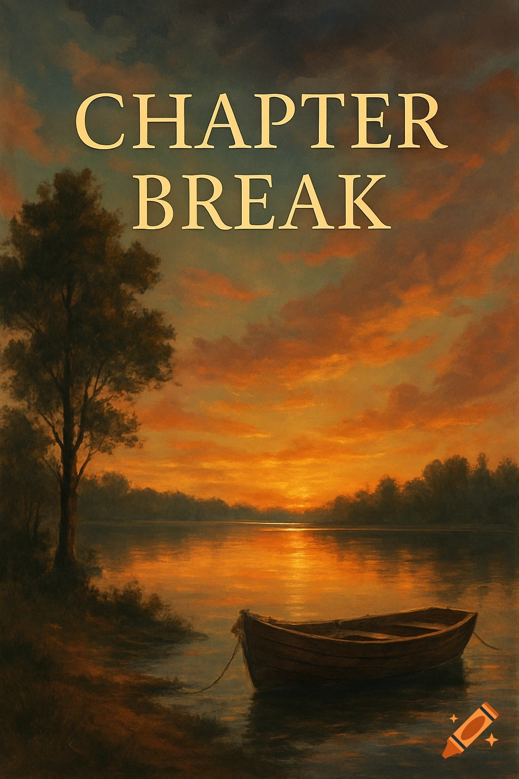 A painterly image of a serene lake scene at sunset with a boat tied to shore. The text "CHAPTER BREAK" is overlaid on the image.