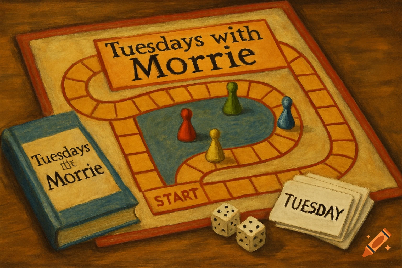 An illustration of a board game, book, dice, and cards based on 'Tuesdays with Morrie'.
