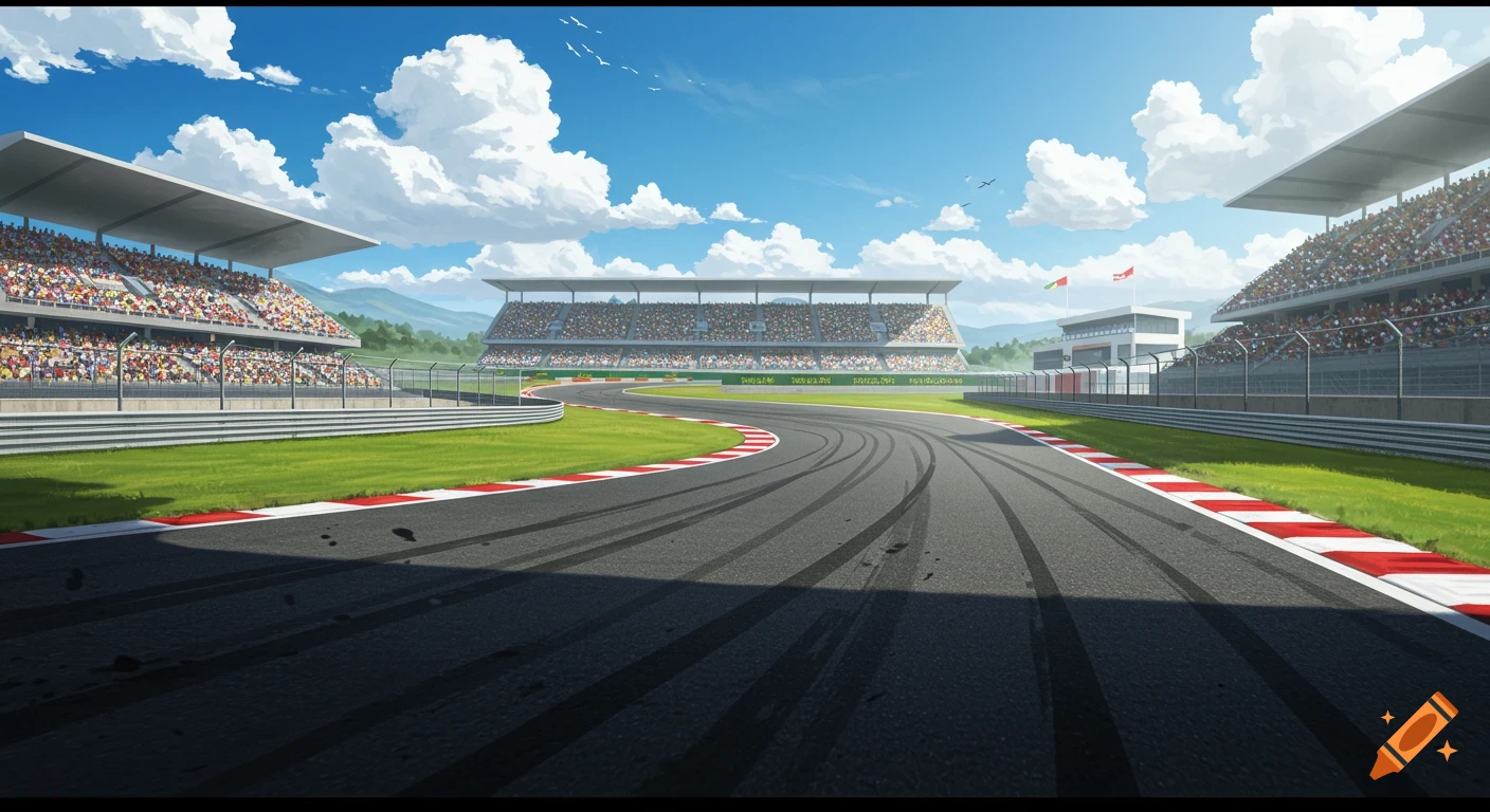Anime-style view of a race track corner with grandstands packed with spectators under a blue sky.