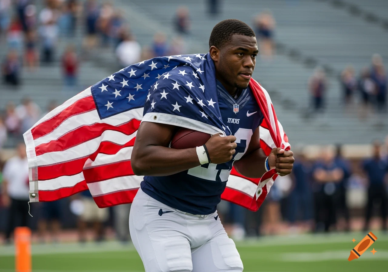 American football player runs on a field with an American flag draped over his shoulders. Photorealistic.