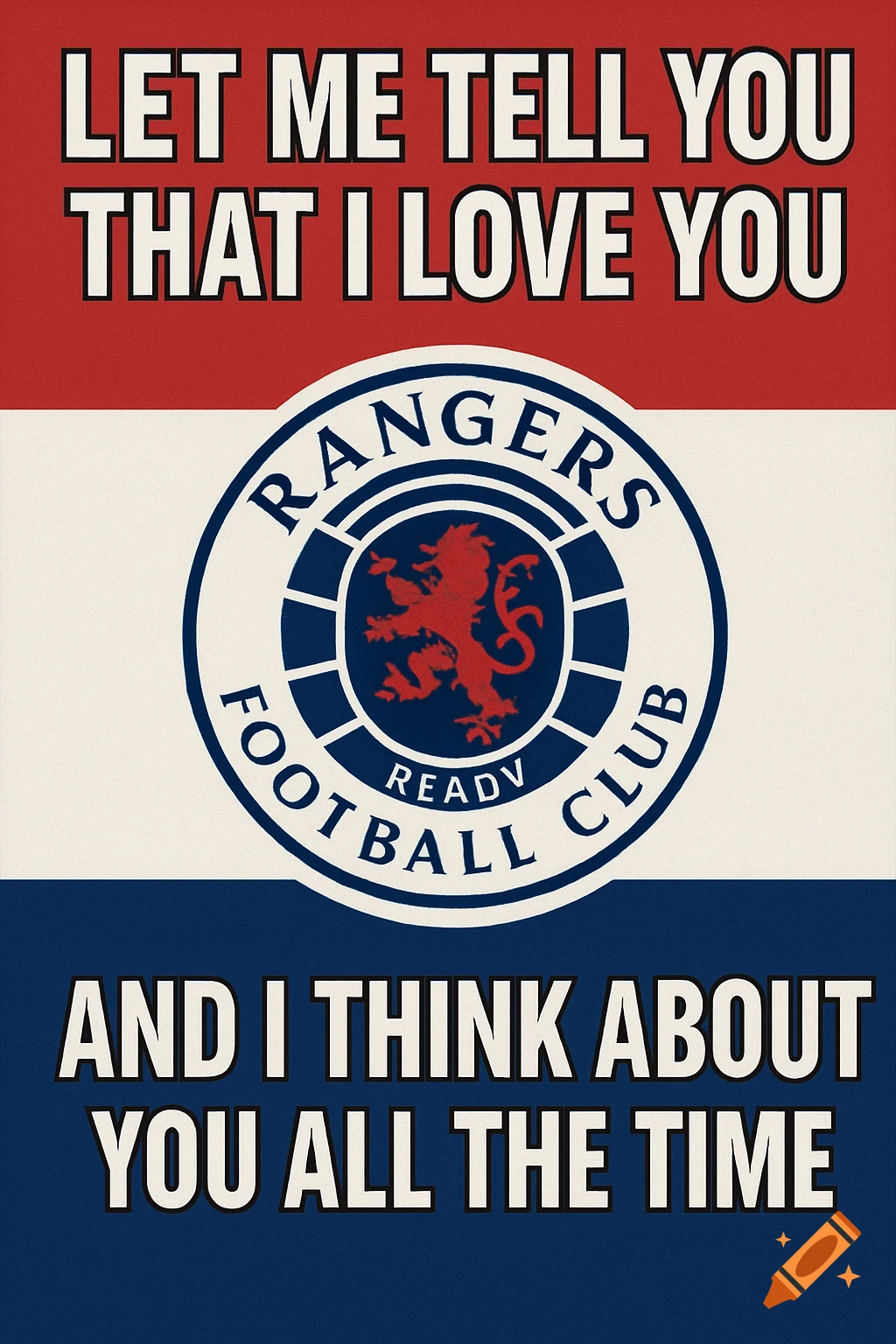 Vertical red, white, and blue stripes with the Rangers FC logo in the center and text above and below.