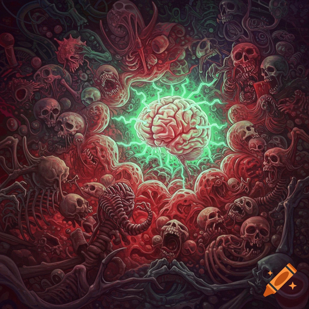 A glowing brain surrounded by skulls and grotesque biological forms in a detailed horror art style.